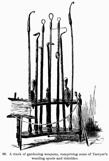 [Illustration: Fig. 96. A stack of gardening
weapons, comprising some of Tarryer’s weeding spuds and thimbles.]