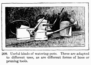 [Illustration: Fig. 209. Useful kinds of watering-pots. These are
adapted to different uses, as are different forms of hoes or
pruning tools.]