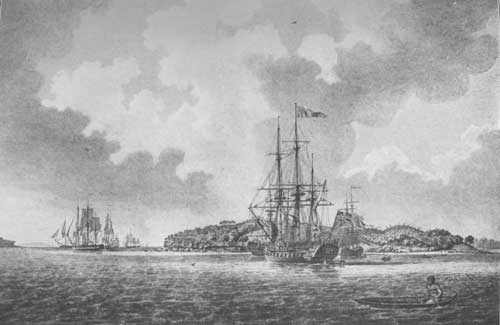 A VIEW OF BOTANY BAY. From an engraving from a drawing by
R. Cleveley, in "The Voyage of Governor Phillip to Botany Bay" [London,
1789].