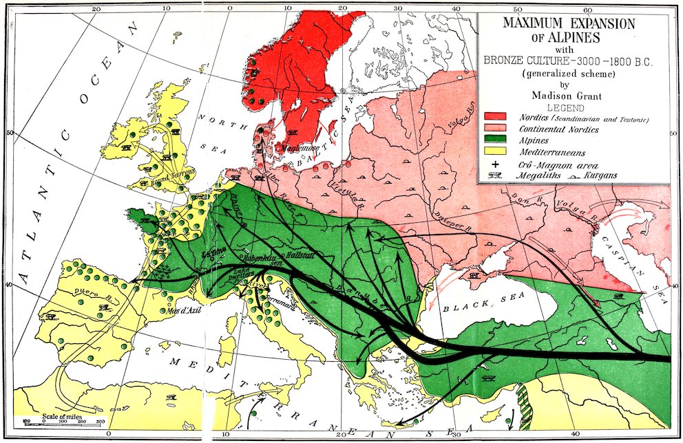 MAXIMUM EXPANSION of ALPINES with BRONZE CULTUREâ3000â1800 B.C. (generalized scheme) by Madison Grant