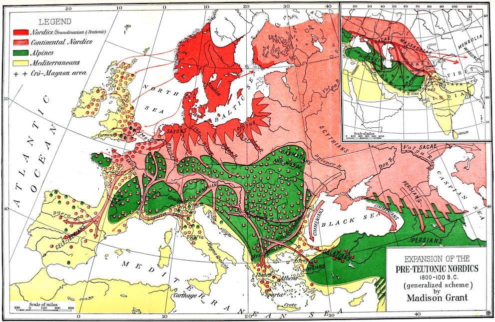 EXPANSION OF THE PRE-TEUTONIC NORDICS 1800â100 B.C. (generalized scheme) by Madison Grant