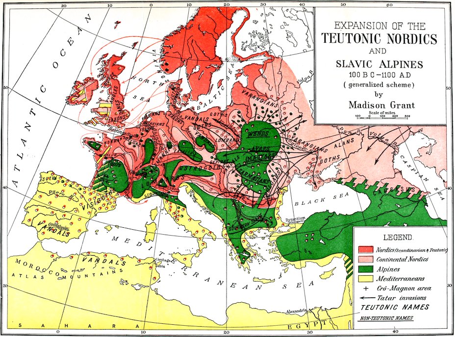 EXPANSION OF THE TEUTONIC NORDICS AND SLAVIC ALPINES 100 BCâ1100 AD (generalized scheme) by Madison Grant
