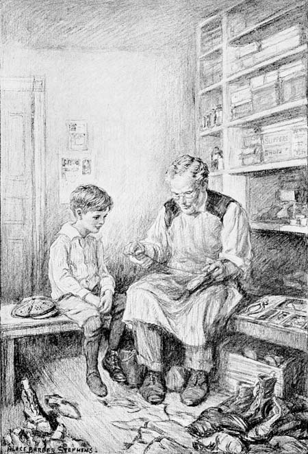 Pretty soon he was stitching away and cobbling at a great
rate, Davie swinging his stocking-foot