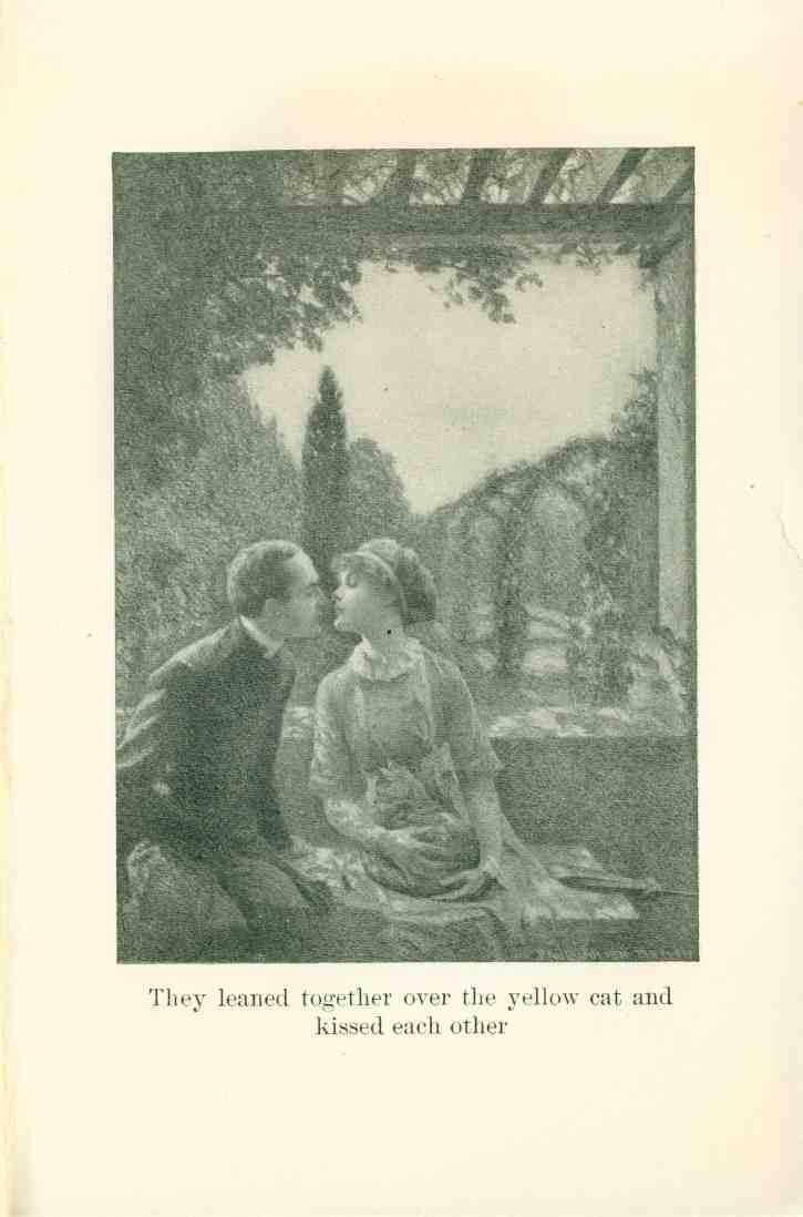 [Illustration: They leaned together over the yellow cat and
kissed each other]