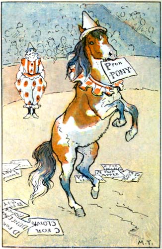 Circus pony rearing up and holding a sign P is for Pony in his mouth