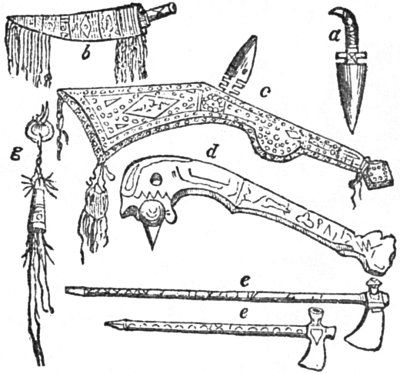 a, scalping-knife. b, ditto, in sheath. c, d, war-clubs.
e, e, tomahawks. g, whip.