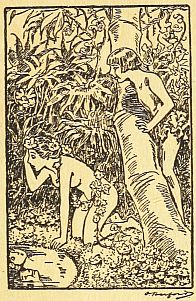 Eve looking at own reflection in pool with Adam behid her