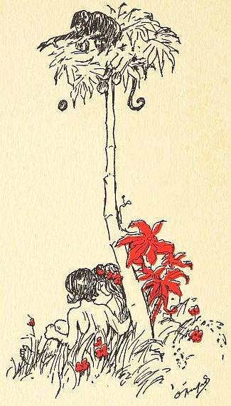 monkey dropping cocoanuts on Adam ond Eve who are sitting at base of tree