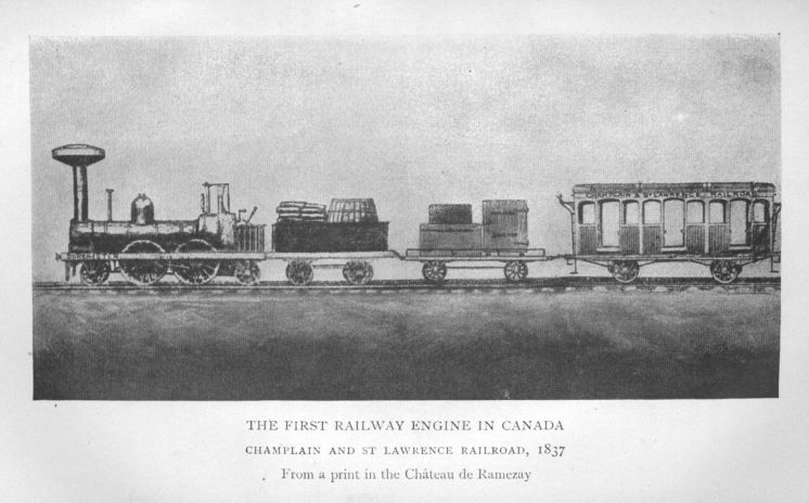 The first railway engine in Canada.  Champlain and St Lawrence Railroad, 1837.  From a print in the ChÃ¢teau de Ramezay.