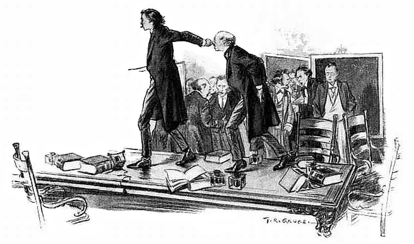 Jesse had mounted upon the table with the still faintly
bellowing Totts.