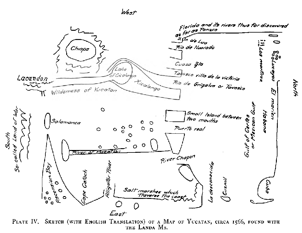 Sketch (with English Translation) of
a Map of Yucatan, circa 1566, found with the Landa Ms.