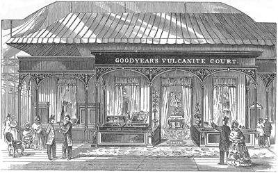 Charles Goodyear's Exhibition of Hard India Rubber Goods at the Crystal Palace, Sydenham, England.
(From a print published at the time.)