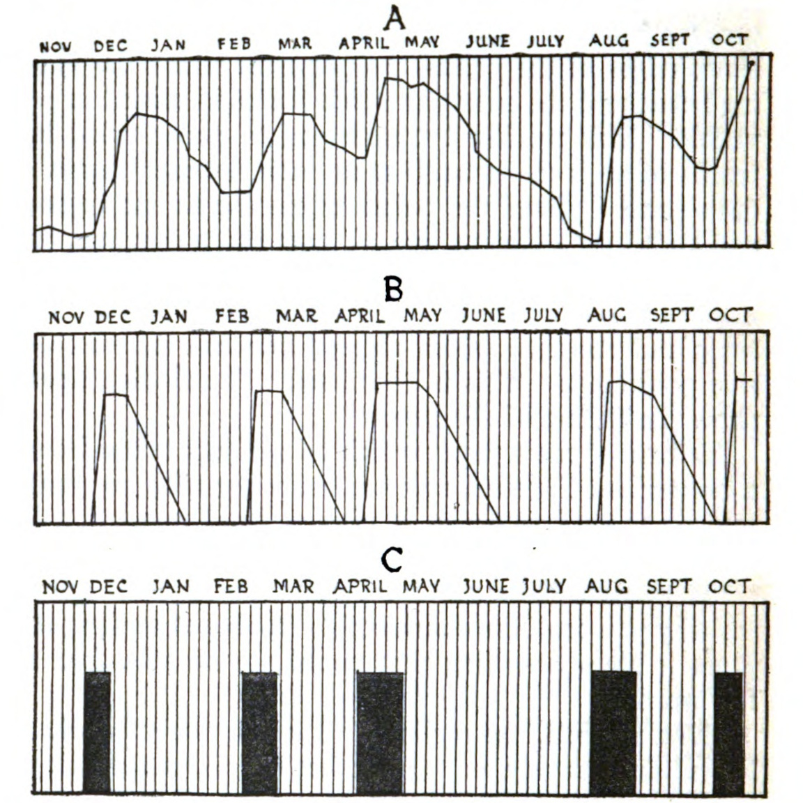 Three charts, labelled
    “A,” “B,” and “C,” each marked horizontally with the names of
    months. Charts A and B are line graphs, while Chart C marks off
    certain periods of time with solid blocks. Each chart shows five
    peaks occurring at the same points in time.