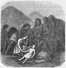 Olive and an Indian woman grieving over Mary Ann's
body as other Indians look on