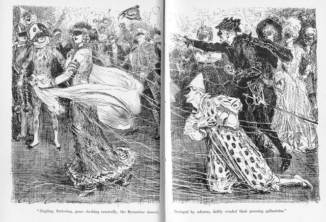 "Jingling, fluttering, gems clashing musically, the
Byzantine dancer, besieged by adorers, deftly evaded their pressing
gallantries."