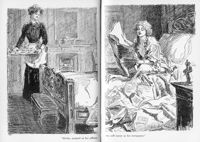 "Strelsa, propped on her pillows, was still intent on her
newspapers."