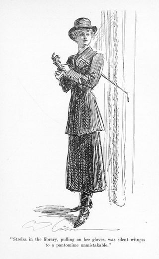 "Strelsa in the library, pulling on her gloves, was
silent witness to a pantomime unmistakable."