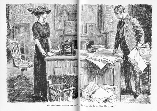 "She came about noon—a pale young girl, very slim in her
limp black gown."