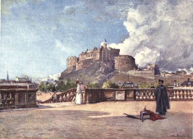 THE CASTLE FROM THE TERRACE OF HERIOT’S HOSPITAL

The opening in the terrace on the left of the picture shows a staircase
descending to the playground of the school. Most of the Castle is seen,
including the Half-Moon Battery, and part of the south retaining wall of
the Esplanade. A figure in a master’s gown occupies the foreground.