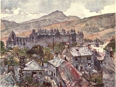 HOLYROOD PALACE FROM THE PUBLIC GARDENS UNDER CALTON HILL

Holyrood Palace stretches across the picture east and west, and is
dominated by Arthur’s Seat and Salisbury Crags. The dark turret at the
west end of the nearest and north wing contains the private supper-room
of Queen Mary, the room from which the Italian Rizzio was taken to his
death. The end of the south wing shows beyond, and through a gap in the
mean buildings, occupying the foreground of the picture, is seen the
open space in front of the Palace, the restored fountain, and the
entrance to a carriage road called the Queen’s Drive. The conical roofs
of the towers of the Guard House appear to the extreme right. The gable
and east window of the Chapel Royal (part of the ancient Abbey),
together with the tower, show at the eastern extremity of the north
wing.