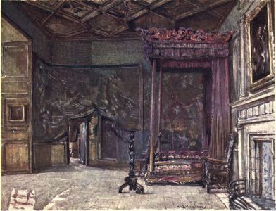 THE APARTMENTS OF MARY QUEEN OF SCOTS IN HOLYROOD PALACE

An ancient bed hung with faded crimson silk stands in Queen Mary’s
bed-chamber, together with chairs and other furniture of a later date.
Under the raised tapestry on the far side of the room is an open door,
through which is entered the private supping-room of Queen Mary, and
from which the Italian Rizzio was dragged to his death by the
conspirators. They gained admittance to the apartments by the small door
closely adjoining the supping-room. The ceiling of the bedroom is of
wood, divided into panels, decorated with initials and coats-of-arms.