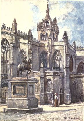 THE CHURCH OF ST. GILES FROM THE COURTS

A portion of the south end of the transept appears at the extreme left
of the picture, and farther in the picture, to the east, is an
equestrian statue of Charles II. A little to the west of this statue,
and just out of the limits of the picture, is a stone, believed to cover
the remains of John Knox. Above all rises the fine crown and spire of
the tower.