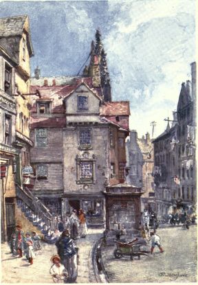 JOHN KNOX’S HOUSE, HIGH STREET

To the left of the square stone water-conduit, which occupies the centre
of the picture, is seen the west front of this picturesque structure,
and still farther to the left a “fore-stair” of a building which may be
of an earlier date than the one known as John Knox’s House. The opening
into the Canongate to the right of the picture is St. Mary Street.