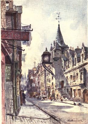 THE CANONGATE TOLBOOTH, LOOKING WEST

On the right of the picture rises the Canongate Tolbooth with its
conical roof and projecting clock, reminding one strongly of French
architecture. The spire showing in the distance belongs to the Tolbooth
Church, at the top of Lawnmarket.