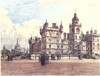 GEORGE HERIOT’S HOSPITAL FROM THE NORTH-EAST

This picture was made from the playing-grounds of the school, and shows
part of the terrace which entirely surrounds this noble building. A
portion of the Royal Infirmary appears in the distance.