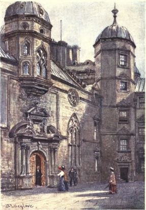 QUADRANGLE OF GEORGE HERIOT’S HOSPITAL

The picture shows parts of the north and east sides of the Quadrangle.
In the centre of the north side is the entrance doorway to the chapel,
above which rises an oriel window combined with a half octagonal tower,
peculiar and picturesque in construction. An octagonal tower of five
storeys is seen in the north-east angle of the court.