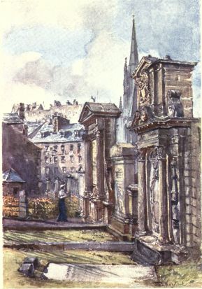 THE MARTYRS’ MONUMENT IN THE GRAVEYARD OF GREYFRIARS’

To the left of the spire of the Tolbooth Church, in the centre of the
picture, and next the city wall, stands the Martyrs’ Monument, in front
of which is the figure of a girl; above the figure appear some houses in
Candlemaker Row. The low building on the extreme left of the picture is
the old guardhouse. The duty of the guard was to prevent the stealing of
bodies from the graveyard. The elaborate monument on the right of the
picture is one of many erected in this graveyard during the early part
of the eighteenth century.