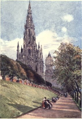 SIR WALTER SCOTT’S MONUMENT FROM THE EAST PRINCES ST.
GARDENS

On the higher level above the green slope lies the part of the Gardens
fronting Princes Street. The monument gains in height viewed from this
lower level. The tower in the distance is that attached to the North
British Railway Hotel.
