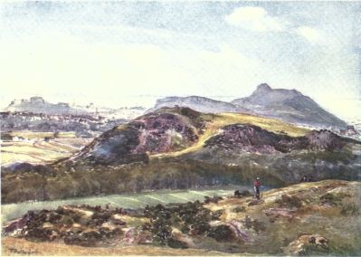 ARTHUR’S SEAT FROM THE BRAID HILLS

In the immediate foreground is a portion of the Braid Hills; farther on
the Blackford Hill with the shelter on its highest point, and at the end
of the slope to the right the New Royal Observatory. To the left are
part of Edinburgh, the mass of the Castle, and the shores of Fife. The
Salisbury Crags and “Lion” of Arthur’s Seat are above all.