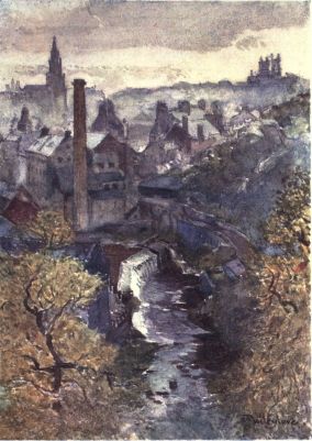 THE WATER OF LEITH FROM DEAN BRIDGE

We are looking west up stream, towards the sun setting behind
Corstorphine Hill. Above the waterfall is a distillery with its chimney
pointing to the Dean U.F. Church. On the right of the picture are the
two towers of the Orphan Hospital.