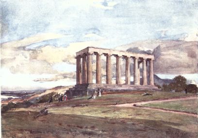 THE NATIONAL MONUMENT ON CALTON HILL

This noble monument represents a partial reproduction of the Parthenon
on the Acropolis at Athens. In the picture the spectator is supposed to
be looking at the north-west angle of the Temple, showing the eight
columns of the west front and two on the north side. On the left of the
picture is a glimpse of the Firth of Forth, while to the right, behind
the columns, rises Arthur’s Seat.