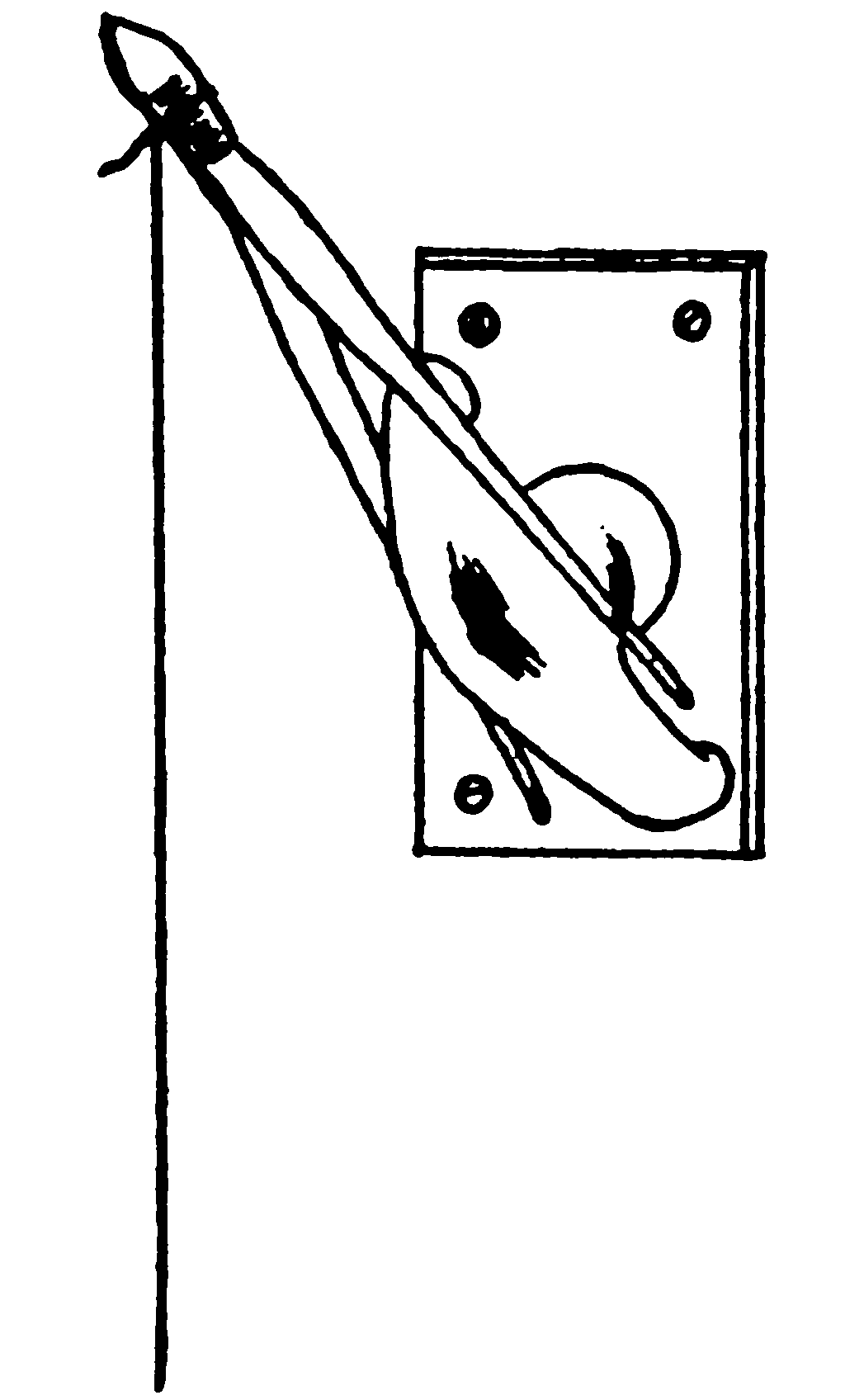 The latch of a door bolt set at
    an angle, with a pair of tweezers clipped onto it lengthwise. A
    string hangs down from the handle of the tweezers.