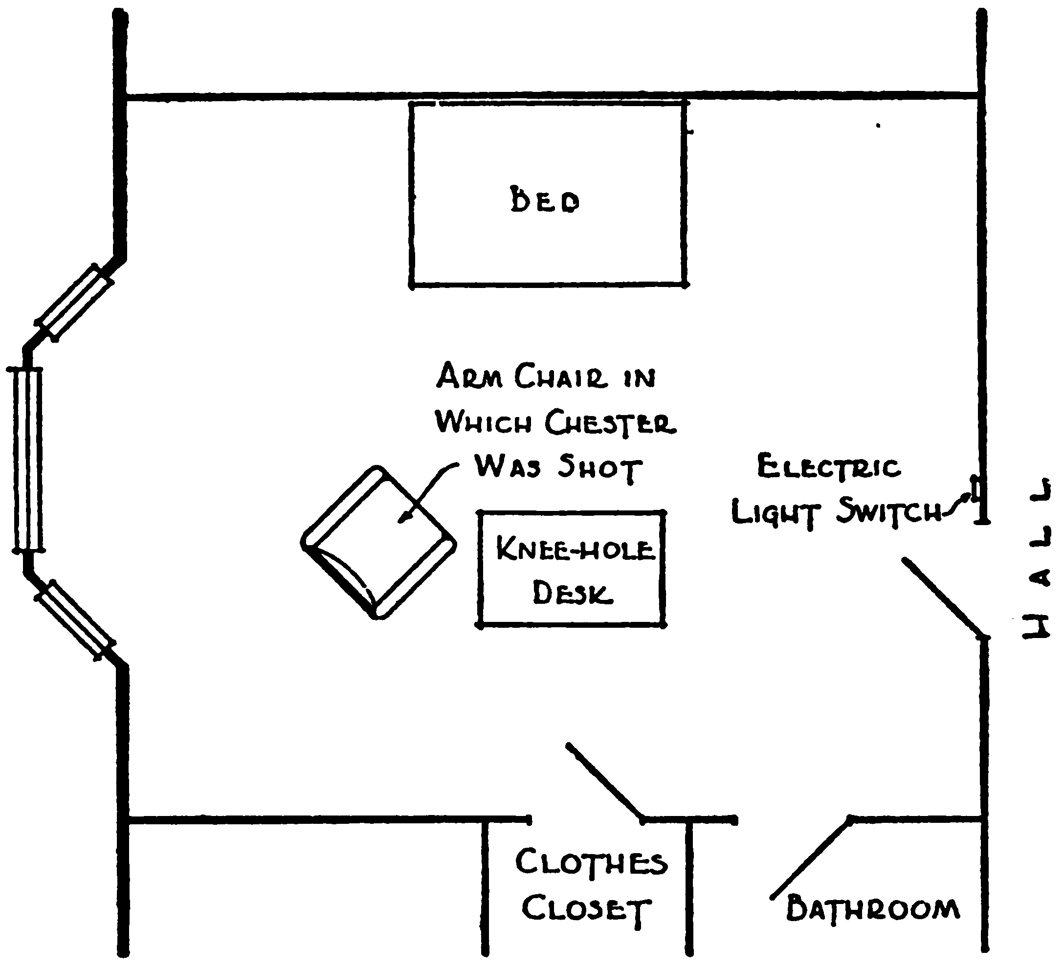 A plan of a bedroom. In the
    center of the room is a knee-hole desk and a chair labelled
    “arm chair in which Chester was shot.” The bed is against one
    wall, and on the opposite wall are doors leading to a closet and
    a bathroom.
