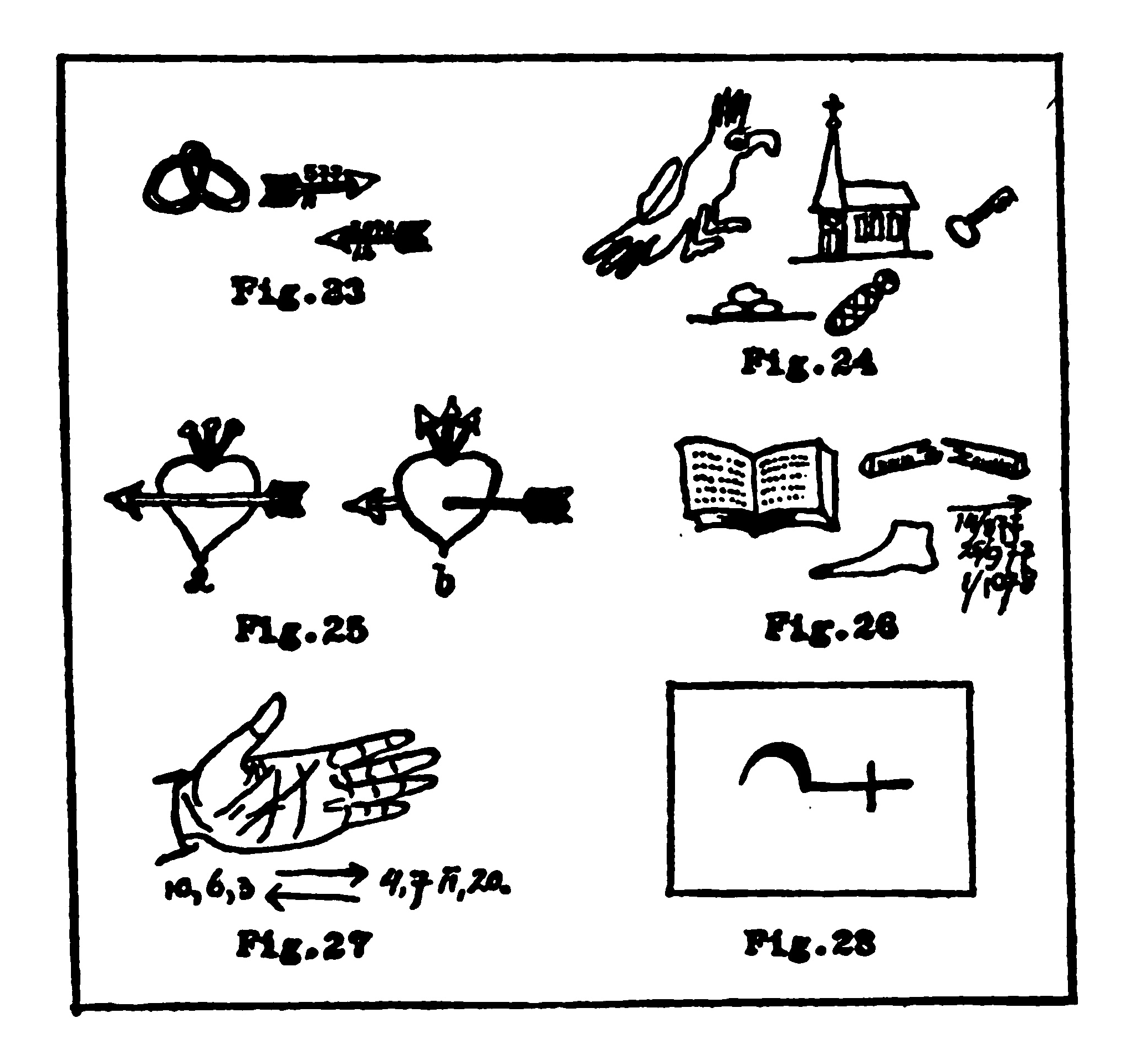 A set of six figures, labelled
    “Fig. 23” through “Fig. 28,” showing a variety of arcane drawings.
    Fig. 24, for example, is a drawing of a parrot, a pile of three
    stones, a church, a key and a swaddled infant. Fig. 25 shows two
    variants of a drawing of a heart pierced by arrows and/or nails.
    The other figures include drawings of things such as a knot,
    numbered arrows, a hand, and a book.