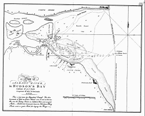 A Plan of
ALBANY RIVER
in Hudson's Bay
Latitude 52Â°.12'.0" North
Longitude 82Â°.40'.0" W. from London
by S.H. 1774
Plan is laid down by Magnetical Compass. The three
hummocks of Wood on Sawpit Island can be seen in clear weather
over the Factory Island, in 3 fathom Water, and is a good
Mark. Saddle-back hummock bears due West from Albany
Roads and is a good Mark for laying the Buoys.