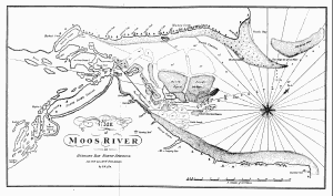 Plan
of
Moos River
in
Hudsons Bay, North America
Lat. 53Â°N. Lon. 83Â°W. from London
by S.H. 1774.