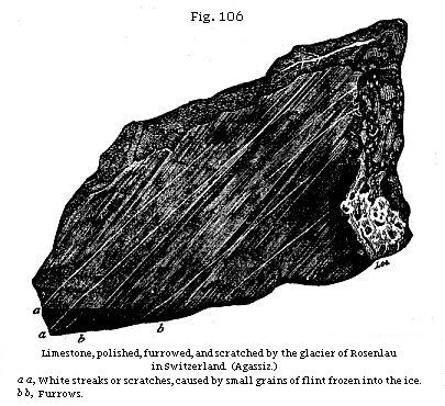 Fig. 106: Limestone, polished, furrowed, and scratched by the glacier of
Rosenlau in Switzerland.