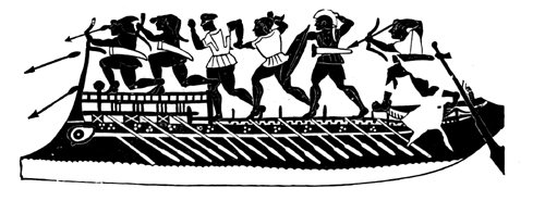 Galley showing deck and superstructure. About 600 B.C. From an Etruscan
imitation of a Greek vase.