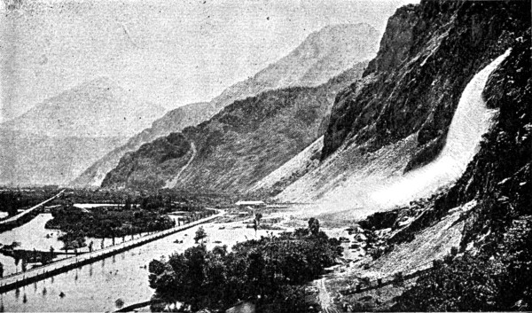 Fig. 26.—Valley of the Rhone, with the waterfall of
Sallenches, showing talus of debris.