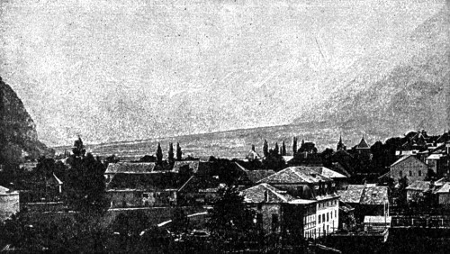 Fig. 32.—View in the Rhone Valley, showing the slope of
a river cone.