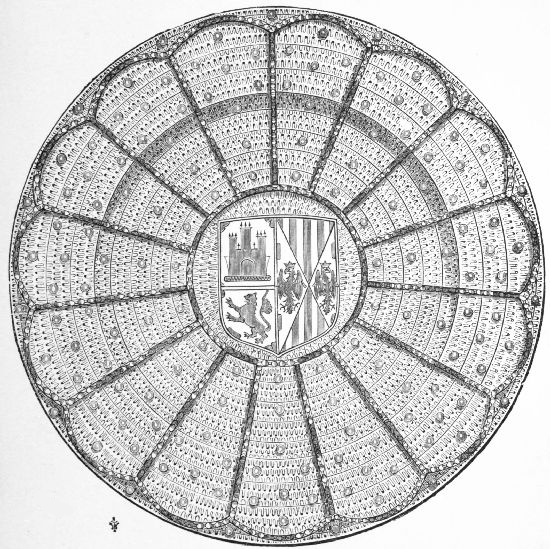 HISPANO-MORESCO LUSTRED PLATE, WITH ARMS OF LEON, CASTILE,
AND ARAGON. (In the South Kensington Museum.)