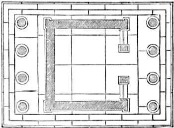 Showing a simple building, with surrounding steps and four columns at each end
