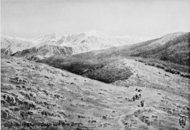 THE MOUNTAINS OF TKHUMA AND JILU.

From the top of the “Staircase” pass immediately above Amadia. The
mountain in the centre is Ghara Dagh on the southern side of Tkhuma. To
the left is Galiashin, the dominant peak of Jilu; and Sat Dagh further
off upon the right. The crags in the middle distance rise up out of the
Zab Gorge.

No. 8