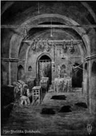 CHURCH OF MAR SHALITHA, QUDSHANIS.

The larger arch opens into the Sanctuary, the veil of which is never
withdrawn except for the celebration of Qurbana. The smaller opens
into the Sacristy, where is also the font. Ex voto offerings of
aromatic herbs hang from the tie beams; and the Church is lit only by a
tiny cruciform loophole at the west end, so that the interior is almost
pitch dark.

No. 11