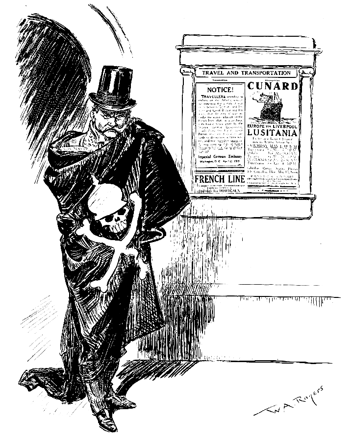 Count Von Bernstorff wearing a death-head cloak standing
        next to the announcement