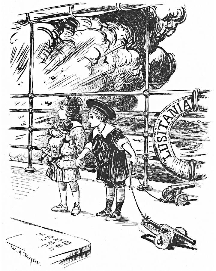 Small children on the deck of the Lusitania; one with
            a cannon pull toy.
